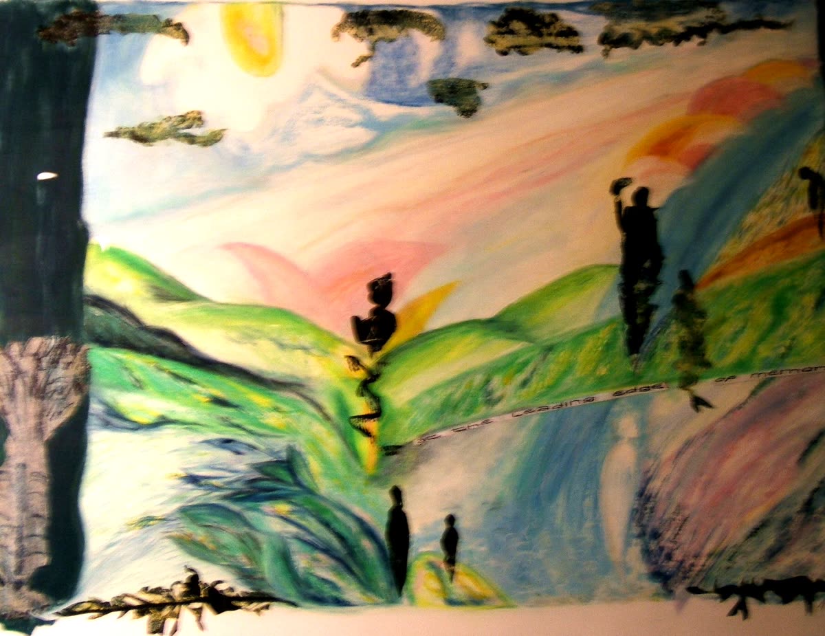Pastel painting of figures walking through green hills under a
                pale sky, titled The Leading Edge of Memory
